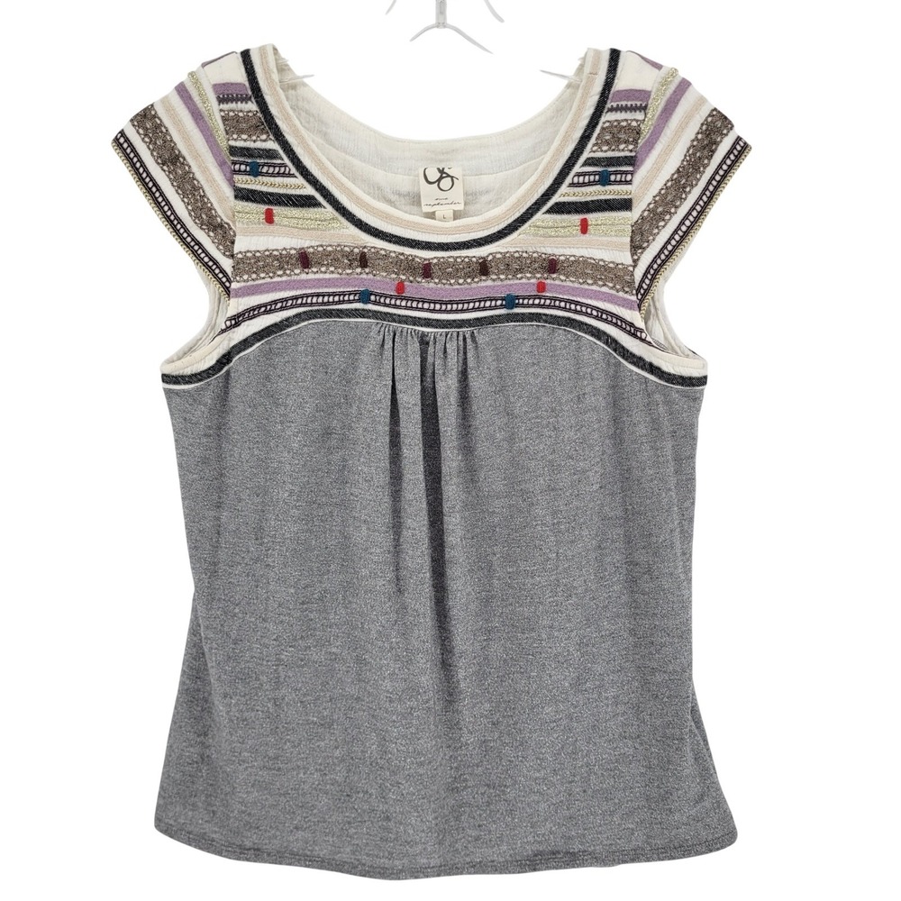 One September Anthropologie Metallic Grey Embroidered Mixed Media Top Large